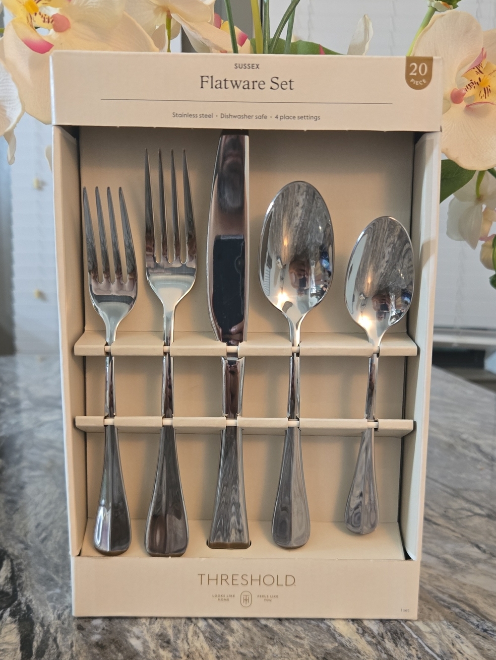 Threshold Polished Stainless Steel Flatware Set in Silver